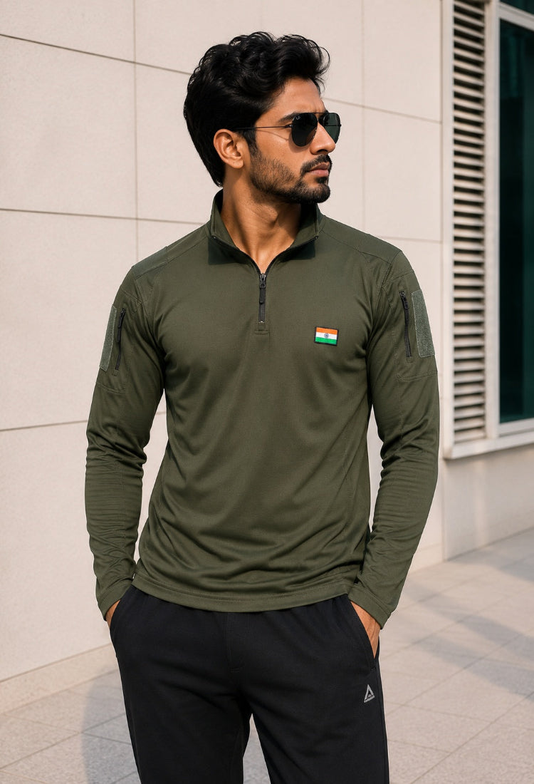Olive Full Sleeve Mattee T-Shirt with Indian Flag