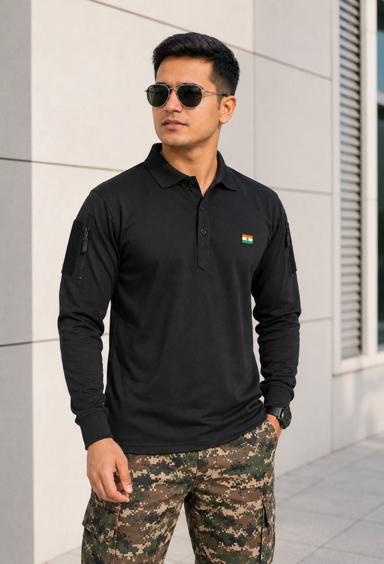 Black Mattee Full Sleeve T-shirt with Indian Flag