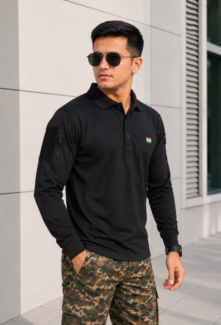 Black Mattee Full Sleeve T-shirt with Indian Flag